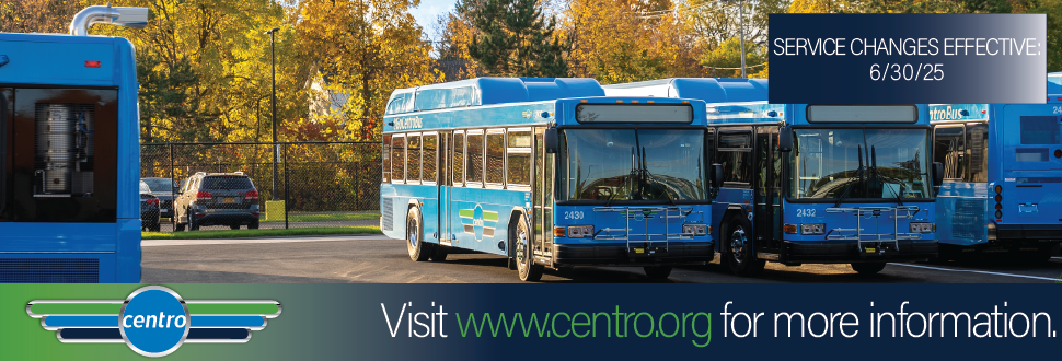 a picture of a centro blue bus with text that reads: Service changes effective June 30, 2025.