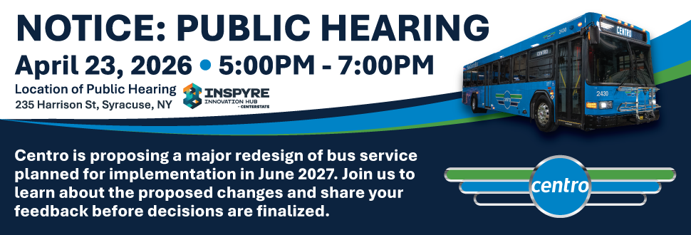 a picture of a centro blue bus with text that reads: Public Hearing Notice April 23, 2026.