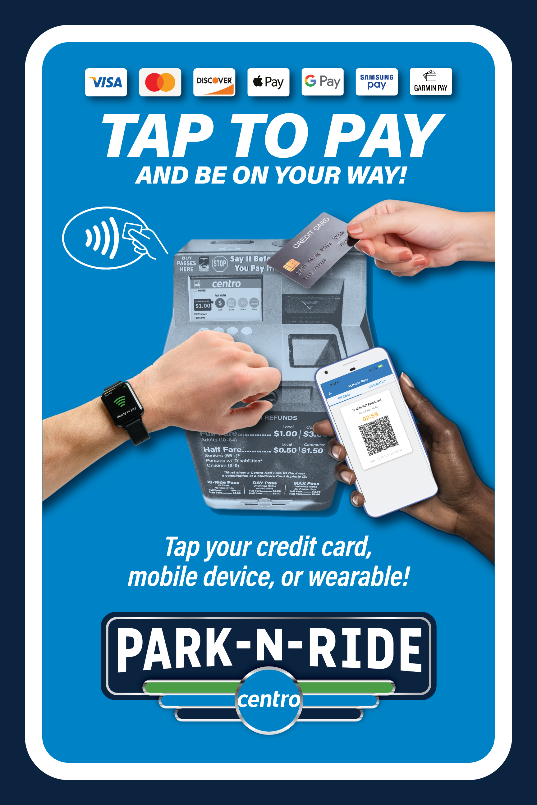 24Wx36H-Coroplast-Tap-to-Pay Sign promoting Centro's tap-to-pay fare option. Text reads,