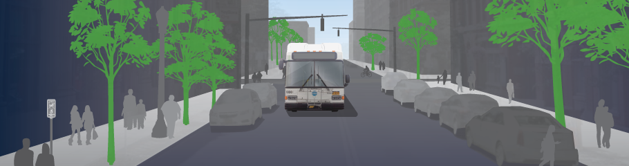 Pedestrian-filled streetscape with bus coming towards the viewer
